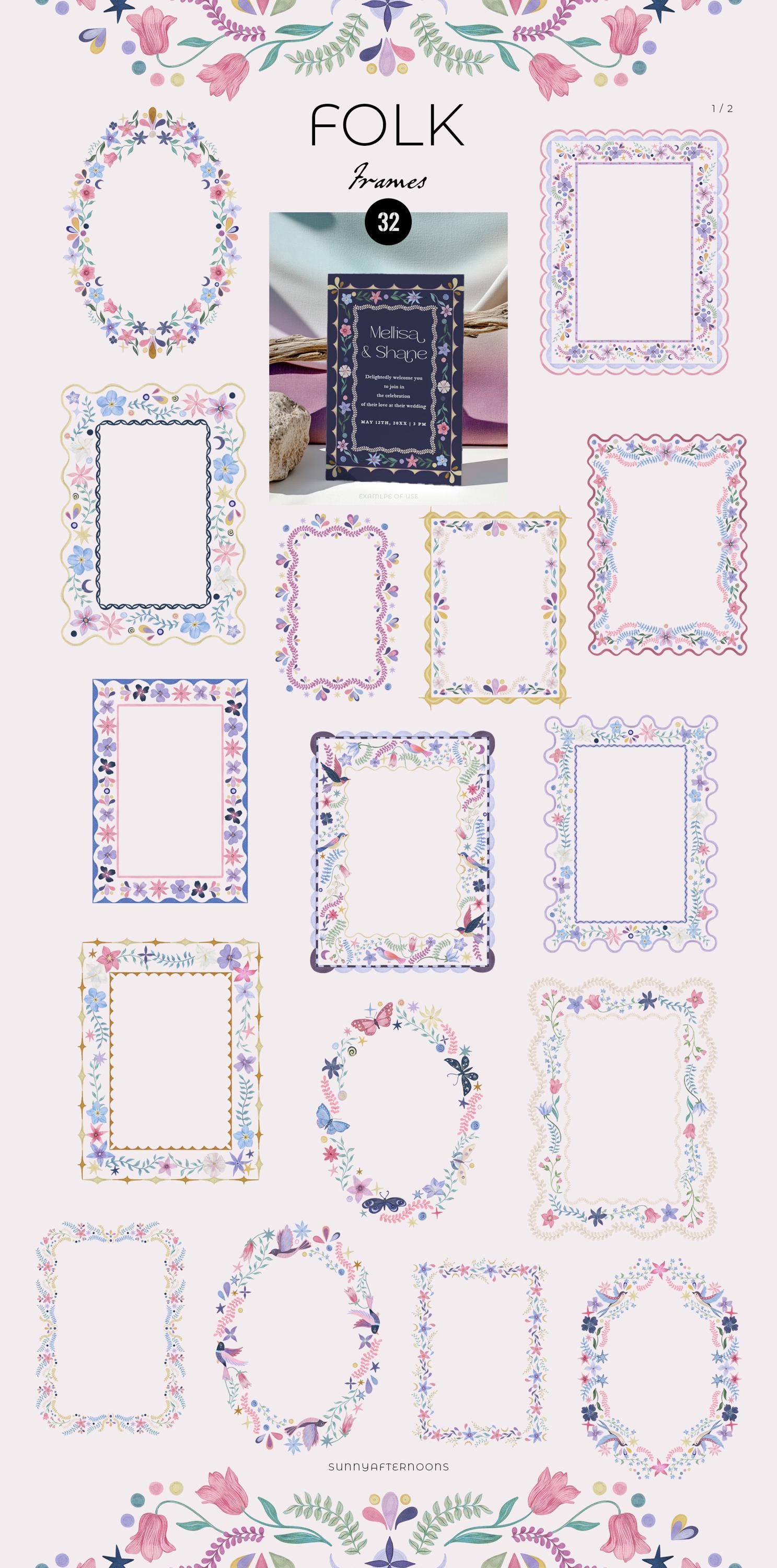 Folk Art Clipart, Whimsy Folklore Frames PNG, Celestial Wedding Invite ...