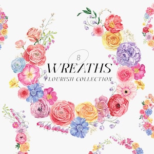 FLOURISH watercolor Wreaths, Bright watercolor flowers wreath png, vibrant summer floral clipart, wedding invite card logo Digital clipart