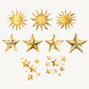 May include: A set of watercolour illustrations featuring gold stars and suns. The stars are five-pointed and have a textured, watercolour look. The suns are stylised with rays emanating from the centre.