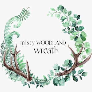 Akvarell skogsram, dimmig skogsmark, akvarell vapensköldram, bröllopsinbjudningsramar, skogsgrönskrans, horn