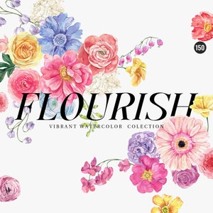 FLOURISH Aquarell Blumen Clipart, helle Aquarell Blumen png, lebendige Sommer Blumen Clipart, Hochzeit einladen Karte Logo digitale Clipart