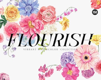 FLOURISH watercolor floral clipart, Bright watercolor flowers png, vibrant summer floral clipart, wedding invite card logo Digital clipart