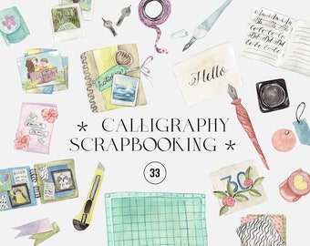 Watercolor Calligraphy, Card making, Scrapbooking tools Crafting illustrations, scissors clip art supplies, CRAFTS artist clipart hand made