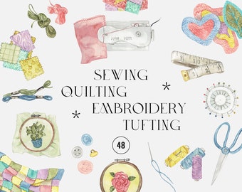 Watercolor Sewing Clipart, Embroidery hoop, hand made Crafting illustrations, sewing machine, scissors CRAFTS tufting cross stitch clip art