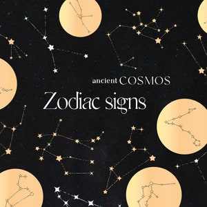 Ancient Cosmos, gold zodiac constellations clipart, stars constellation, zodiac signs, mystic celestial clipart, stars vintage astronomy png