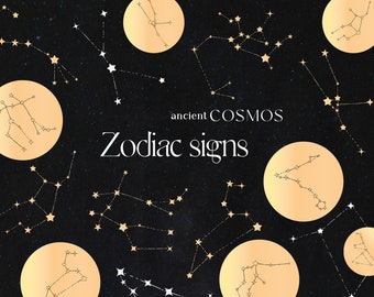 Ancient Cosmos, gold zodiac constellations clipart, stars constellation, zodiac signs, mystic celestial clipart, stars vintage astronomy png