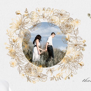 May include: A gold floral wreath with a couple holding hands in the center. The wreath is made of delicate line drawings of flowers and leaves. The couple is standing in a field of tall grass. The text "thank you" is written in cursive at the bottom of the image.