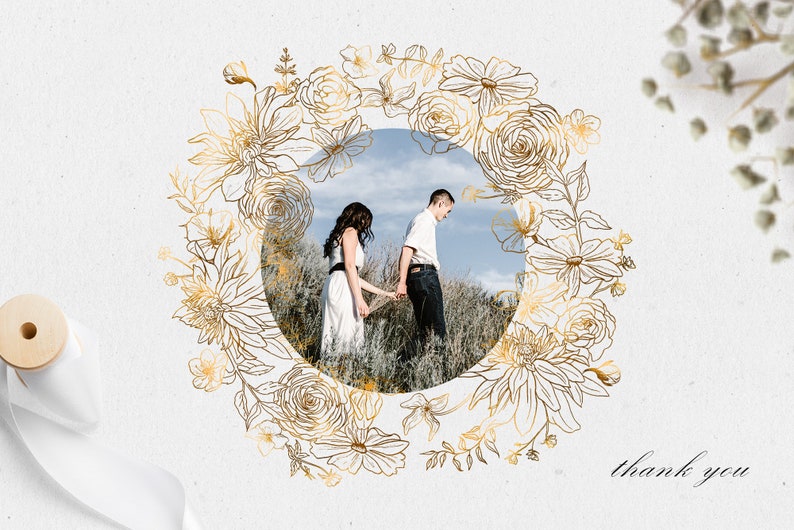 May include: A gold floral wreath with a couple holding hands in the center. The wreath is made of delicate line drawings of flowers and leaves. The couple is standing in a field of tall grass. The text "thank you" is written in cursive at the bottom of the image.