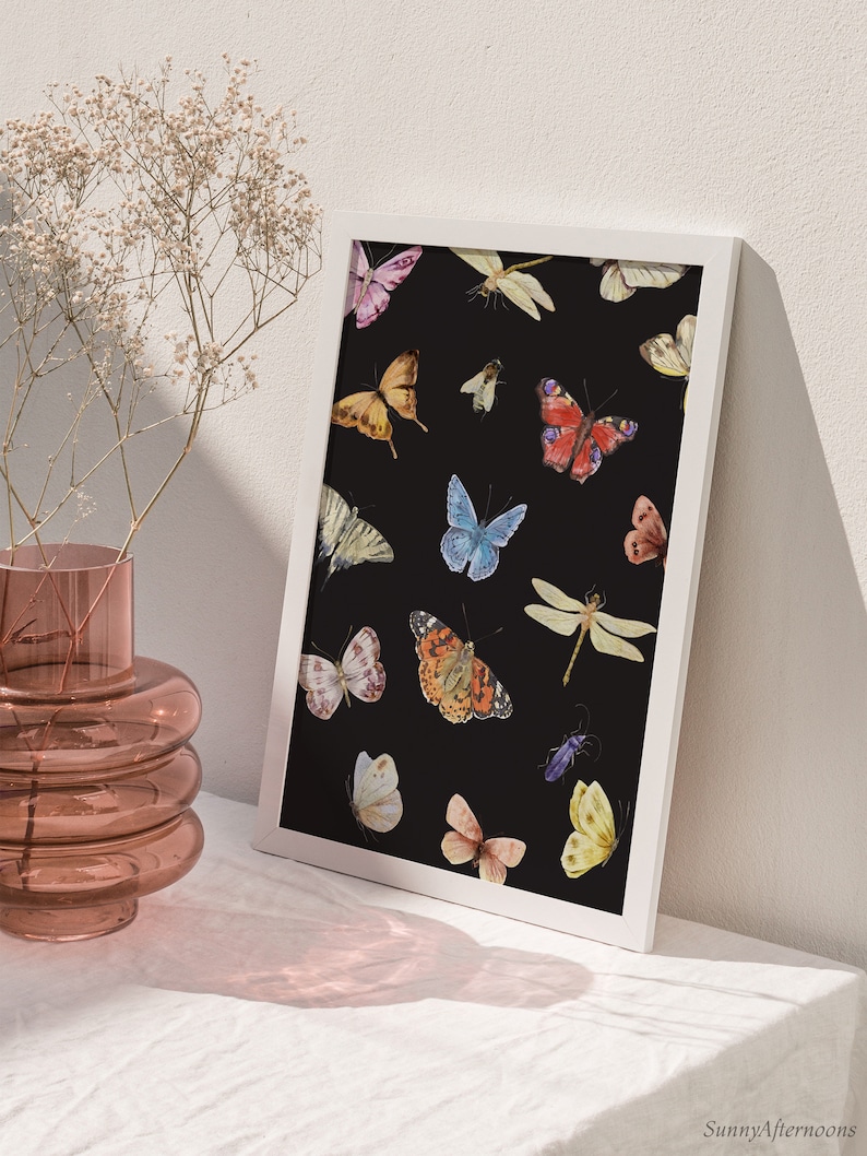 May include: A black and white print featuring a variety of colourful butterflies and insects on a black background. The print is framed in a white frame.