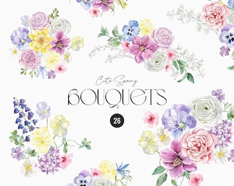 May include: A watercolor illustration of 26 cute spring bouquets featuring various flowers in shades of pink, purple, yellow, and blue. The bouquets are arranged in a circular pattern around the text "Cute Spring Bouquets".