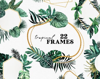 Tropical Lush Watercolor Frames,Jungle leaves clipart,Exotic greenery gold frames wedding invitations,Tropic bridal frame,Monstera palm leaf