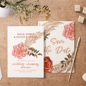 Bohemian Bloom Pampas Grass clipart, boho dried palm leaves, floral watercolor roses, neutral elements, dried flowers digital PNG image 4