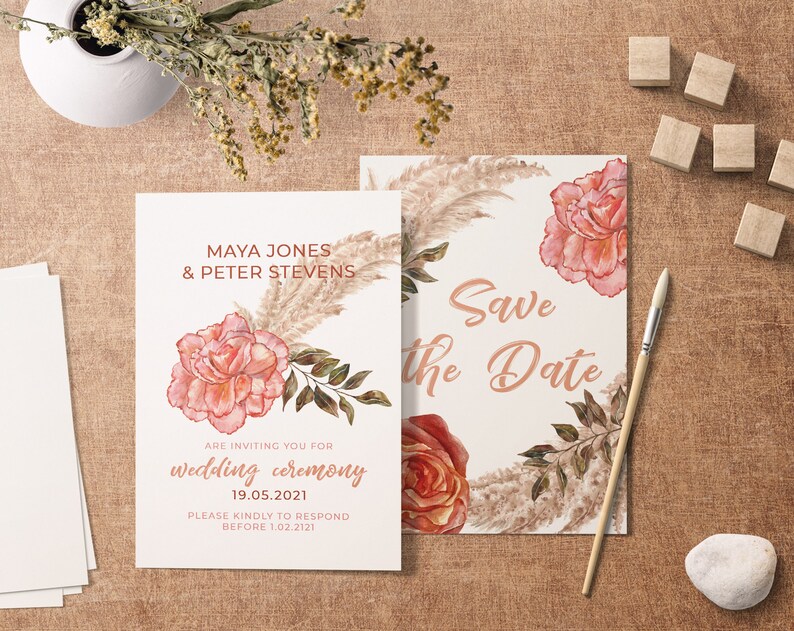 Bohemian Bloom Pampas Grass clipart, boho dried palm leaves, floral watercolor roses, neutral elements, dried flowers digital PNG image 4