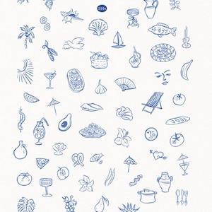 May include: A collection of hand-drawn blue illustrations on a white background, featuring summer elements. The text "Saltwater Coast" is displayed prominently. Includes images of food, sea creatures, and beach items.