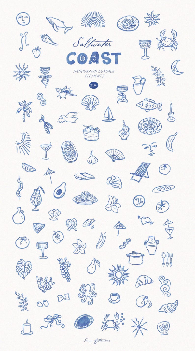 May include: A collection of hand-drawn blue illustrations on a white background, featuring summer elements. The text "Saltwater Coast" is displayed prominently. Includes images of food, sea creatures, and beach items.