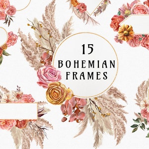 Boho Bloom Pampas Grass Frames clipart, foglie di palma essiccate boho, rose floreali ad acquerello, fiori secchi cornice neutra beige pampa PNG