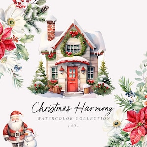 Christmas Harmony floral Aquarell Clipart, Weihnachten Blumen und Häuser, Santa, Schneemann, Weihnachten Einladungskranz, Winter Urlaub Karte