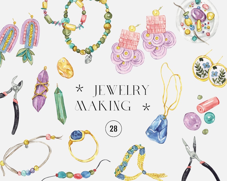 Watercolor Jewelry Making Clipart, Hand Made Bracelets Necklace Pendant ...