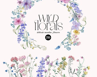 Aquarela Florais Selvagens clipart floral de flores silvestres, Flores delicadas prensadas, Pequenas flores macias, Convite de casamento no jardim de campo de verão, PNG