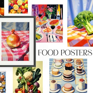 May include: A collage of nine framed food posters. The posters feature various still life images of fruits, vegetables, and desserts. The posters are all in a similar style, with bright colors and bold lines. The text "GALLERY 100 FOOD POSTERS" is visible at the top of the collage.