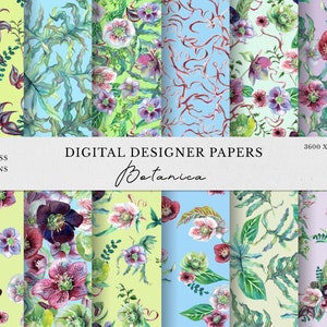 Papiers numériques aquarelle Botanica, motif floral sans couture pour l'impression sur tissu, arrière-plans de composition de fleurs, feuilles png