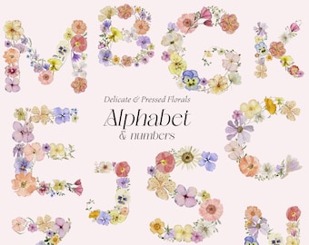 Wild Meadow Alphabet Wildflower Watercolor clipart, Delicate pressed flowers letters, Tiny florals Summer field Flowers wedding invititation