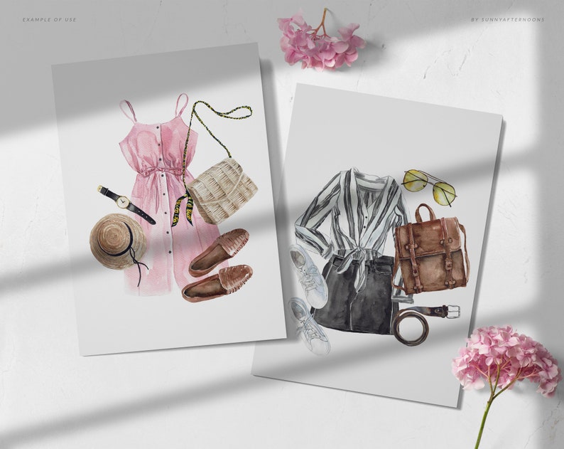 Pode incluir: Duas ilustra&ccedil;&otilde;es de aquarela de roupas. A primeira roupa &eacute; um vestido rosa com um chap&eacute;u de palha, sapatos marrons e uma bolsa de palha. A segunda roupa &eacute; uma camisa listrada com uma saia preta, t&ecirc;nis brancos, uma mochila marrom e &oacute;culos de sol.