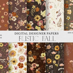 Papiers numériques aquarelle automnal délicat d'automne rustique, fleurs d'automne douces, fleurs chaudes bohèmes fleurs séchées modèles sans couture d'automne éthérés