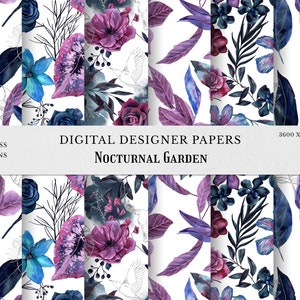 Nachtelijke tuinpatronen, donkere aquarel bloemen digitale papieren, bloemen illustratie mystieke magische naadloze patroon digitale PNG