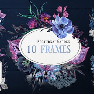 Nachtelijke tuinframes, donkere aquarel bloemstukken, bloemenframes illustratie mystieke magische gescheiden elementen digitale PNG