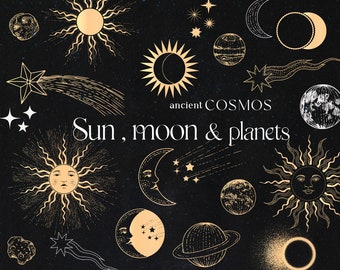 Ancient Cosmos, gold moon, sun clipart, eclipse, mystic celestial logo, planets stars, cosmic clipart, vintage astronomy comets elements png