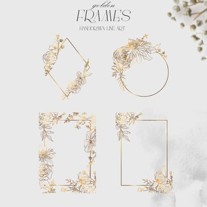 May include: Four gold floral frames with hand-drawn line art. The frames are a diamond, circle, rectangle, and square. Each frame is decorated with a different floral arrangement.