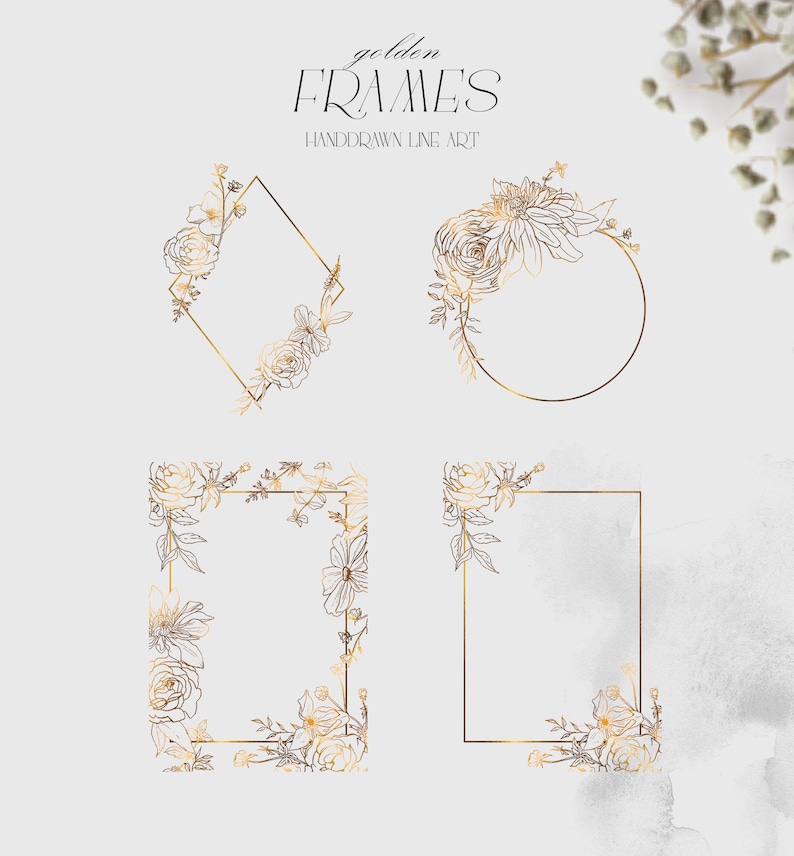 May include: Four gold floral frames with hand-drawn line art. The frames are a diamond, circle, rectangle, and square. Each frame is decorated with a different floral arrangement.