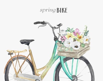 SPRING Essentials watercolor - easter bicycle painting - spring bike clipart PNG cycle digital illustration - bike ride