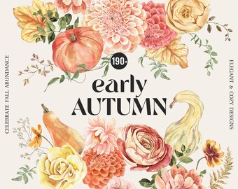Vroege herfst aquarel bloemen clipart, herfst aquarel bloemen, pompoenen Boho warme bloemen elementen, gezellige pompoen aquarel frames roestig