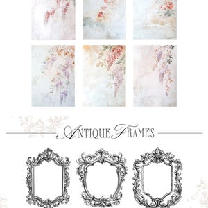 May include: Nine digital illustrations of ornate frames in black and white. The frames are in various shapes and sizes, including circles, ovals, and squares. The frames are decorated with intricate details, such as scrolls, flowers, and leaves. The frames are perfect for adding a touch of elegance to any project.
