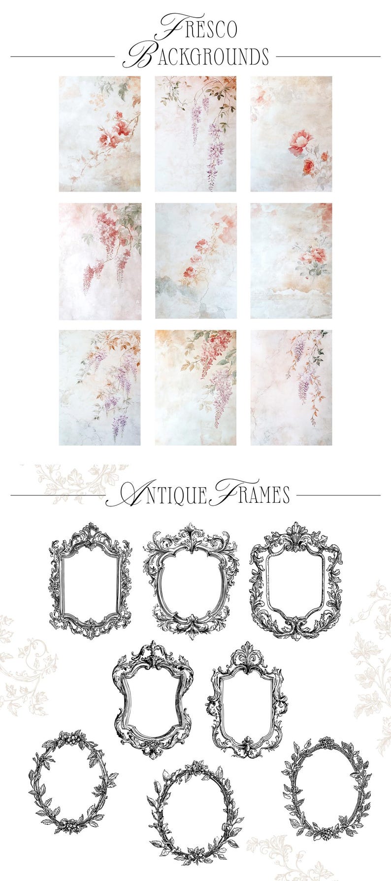 May include: Nine digital illustrations of ornate frames in black and white. The frames are in various shapes and sizes, including circles, ovals, and squares. The frames are decorated with intricate details, such as scrolls, flowers, and leaves. The frames are perfect for adding a touch of elegance to any project.
