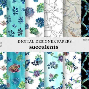 May include: A set of 11 digital paper designs featuring watercolor succulent patterns in shades of blue, green, and purple. The papers are seamless and perfect for crafting, scrapbooking, and digital design projects. The text "DIGITAL DESIGNER PAPERS succulents" is displayed on a white banner.
