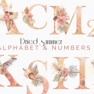 Alphabet floral Boho aquarelle, fleurs et feuilles de palmier séchées, lettres aquarelle Boho, clipart rose orchidée, monogramme d'invitation de mariage PNG