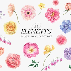 FLOURISH watercolor floral Elements DIY, Bright watercolor flowers png, vibrant summer floral clipart, wedding invite card Digital clipart