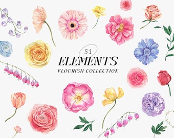 FLOURISH watercolor floral Elements DIY, Bright watercolor flowers png, vibrant summer floral clipart, wedding invite card Digital clipart