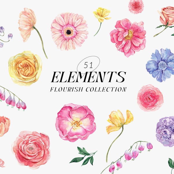 FLOURISH watercolor floral Elements DIY, Bright watercolor flowers png, vibrant summer floral clipart, wedding invite card Digital clipart