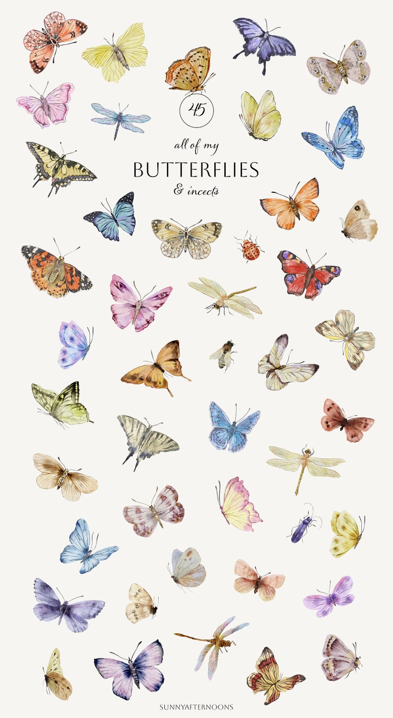 May include: A collection of 45 watercolour illustrations of butterflies and insects. The illustrations are in various colours and feature different species of butterflies and insects, including dragonflies, ladybugs, and bees. The text "all of my BUTTERFLIES & insects" is written in black lettering on a white background.