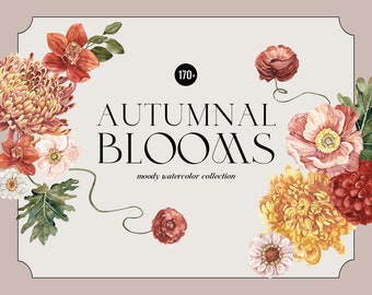 Autumnal Blooms Watercolor Floral Clipart, Boho Fall wedding invite, terracotta watercolor Flowers, Warm Florals Elements, Dahlias, Poppies