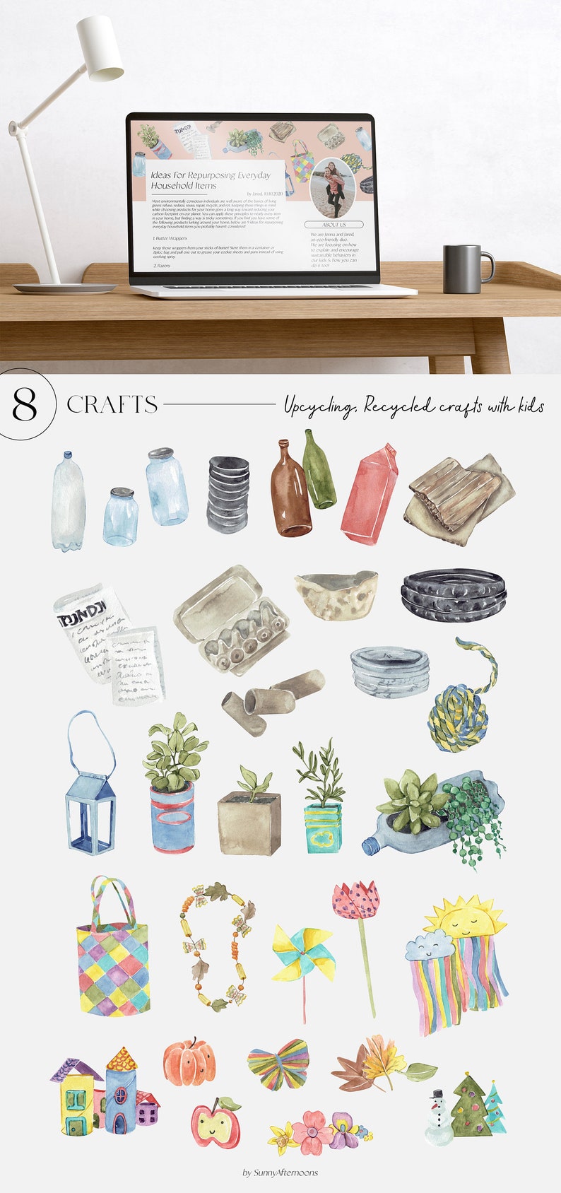 K&ouml;nnte beinhalten: Aquarell-Illustrationen von Upcycling-Bastelarbeiten f&uuml;r Kinder. Die Illustrationen zeigen, wie man Bastelarbeiten aus recycelten Materialien wie Plastikflaschen, Pappe und Eierkartons herstellt. Zu den Bastelarbeiten geh&ouml;ren ein Blumentopf, ein Windspiel, ein Windrad, ein Haus, ein K&uuml;rbis, ein Schmetterling und ein Schneemann.