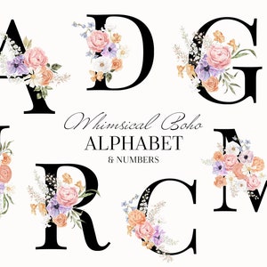 Whimsical Boho Alphabet Watercolor Pastel Floral clipart, light flowers letters, Bohemian delicate Letters, blush rose airy wedding monogram
