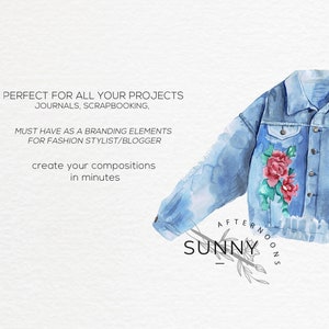 Pode incluir: Ilustra&ccedil;&atilde;o de aquarela de uma jaqueta jeans com bordado floral. A jaqueta &eacute; azul claro com flores vermelhas e verdes. O texto "Sunny Afternoons" est&aacute; escrito em uma fonte de letra cursiva abaixo da jaqueta.