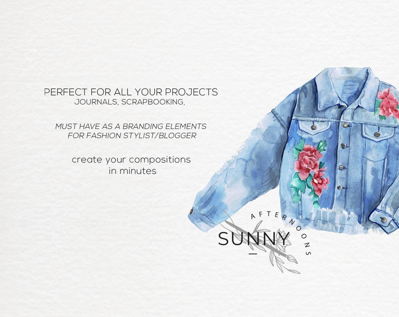Pode incluir: Ilustra&ccedil;&atilde;o de aquarela de uma jaqueta jeans com bordado floral. A jaqueta &eacute; azul claro com flores vermelhas e verdes. O texto "Sunny Afternoons" est&aacute; escrito em uma fonte de letra cursiva abaixo da jaqueta.
