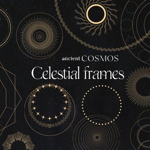 Oude kosmos, gouden mystieke hemelse logo, cirkelframes, mystiek frame, sterrencirkels, zon clipart png