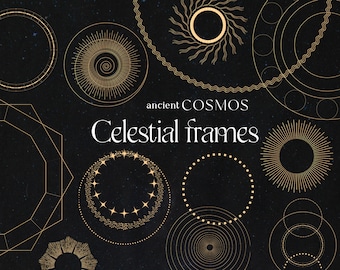 May include: A set of 12 gold celestial frames on a black background with stars. The frames are in various shapes, including circles, squares, and diamonds. The text "ancient COSMOS Celestial frames" is in the center of the image.